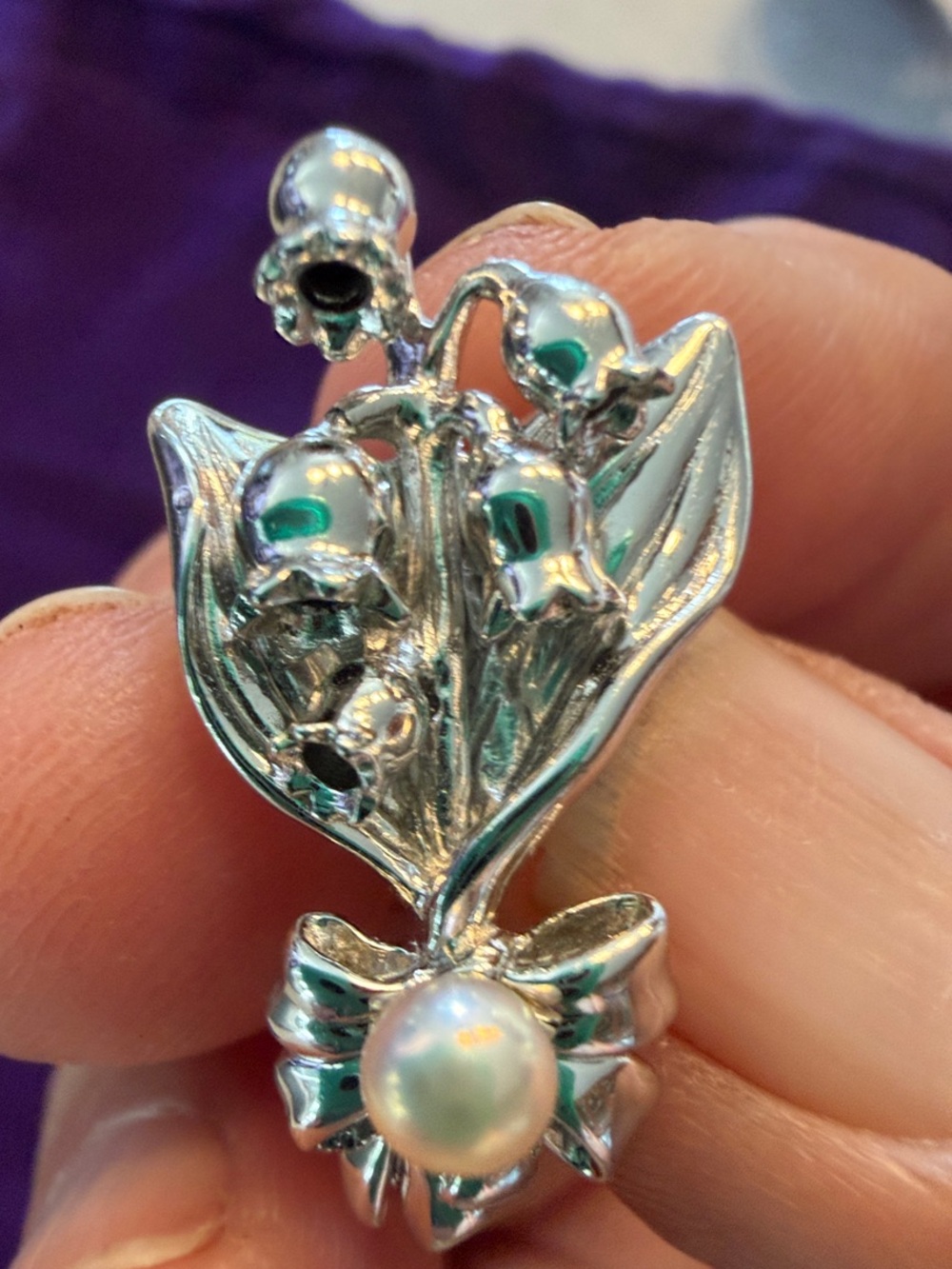 Vintage Swedish Silver Lily-of-the-Valley Pearl Floral Brooch pin